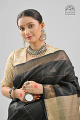 Black & Beige Dupion Tussar Silk Saree with Geometric Weave | Handloom Elegance