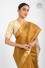 Exquisite Golden Mustard & Beige Dupion Tussar Silk Saree - Handloom Indian Saree