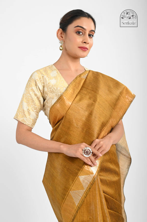 Exquisite Golden Mustard & Beige Dupion Tussar Silk Saree - Handloom Indian Saree