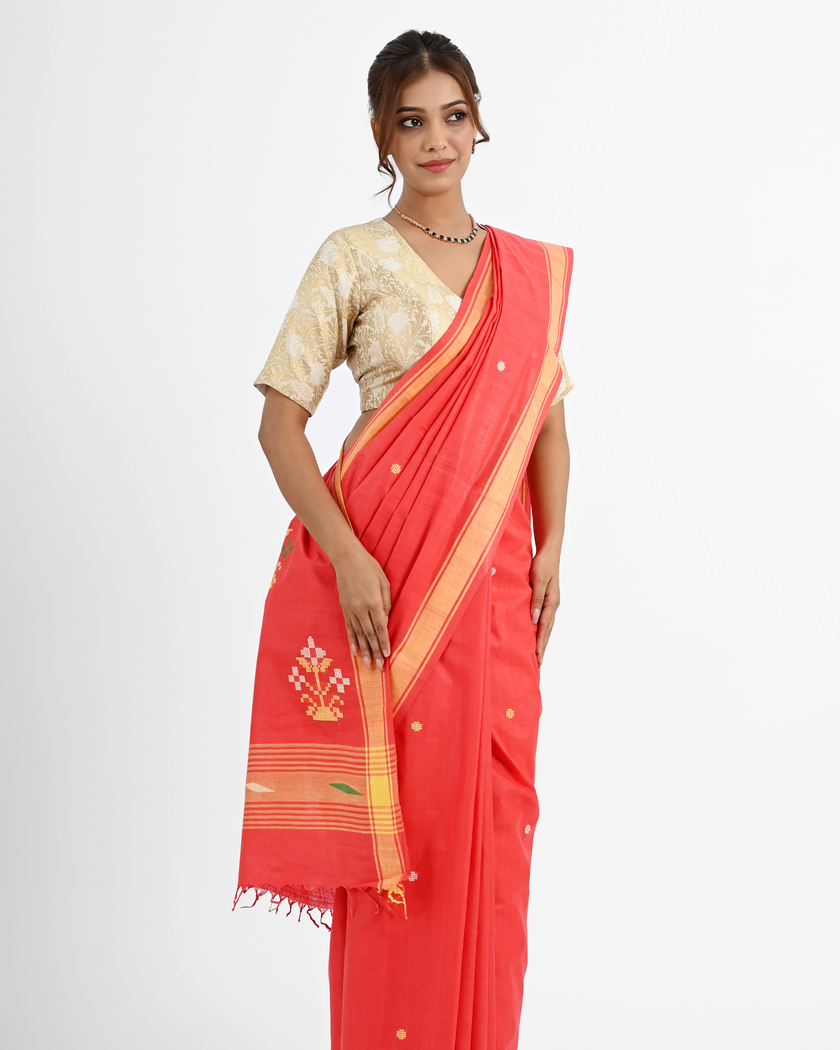 RED COTTON SAREE WITH BAWAN BUTA PALLU