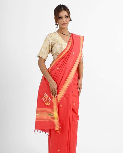 RED COTTON SAREE WITH BAWAN BUTA PALLU
