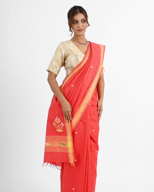 RED COTTON SAREE WITH BAWAN BUTA PALLU