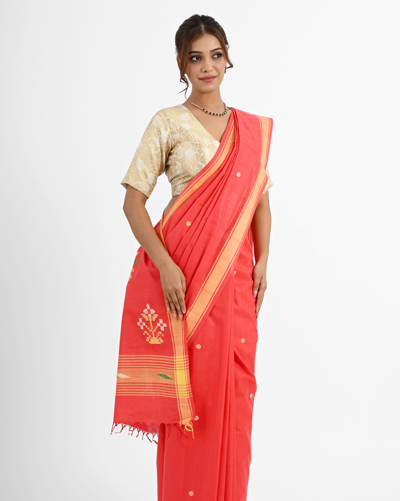 RED COTTON SAREE WITH BAWAN BUTA PALLU
