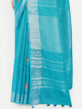 Vibrant Turquoise Blue Linen Saree with Floral Embroidery