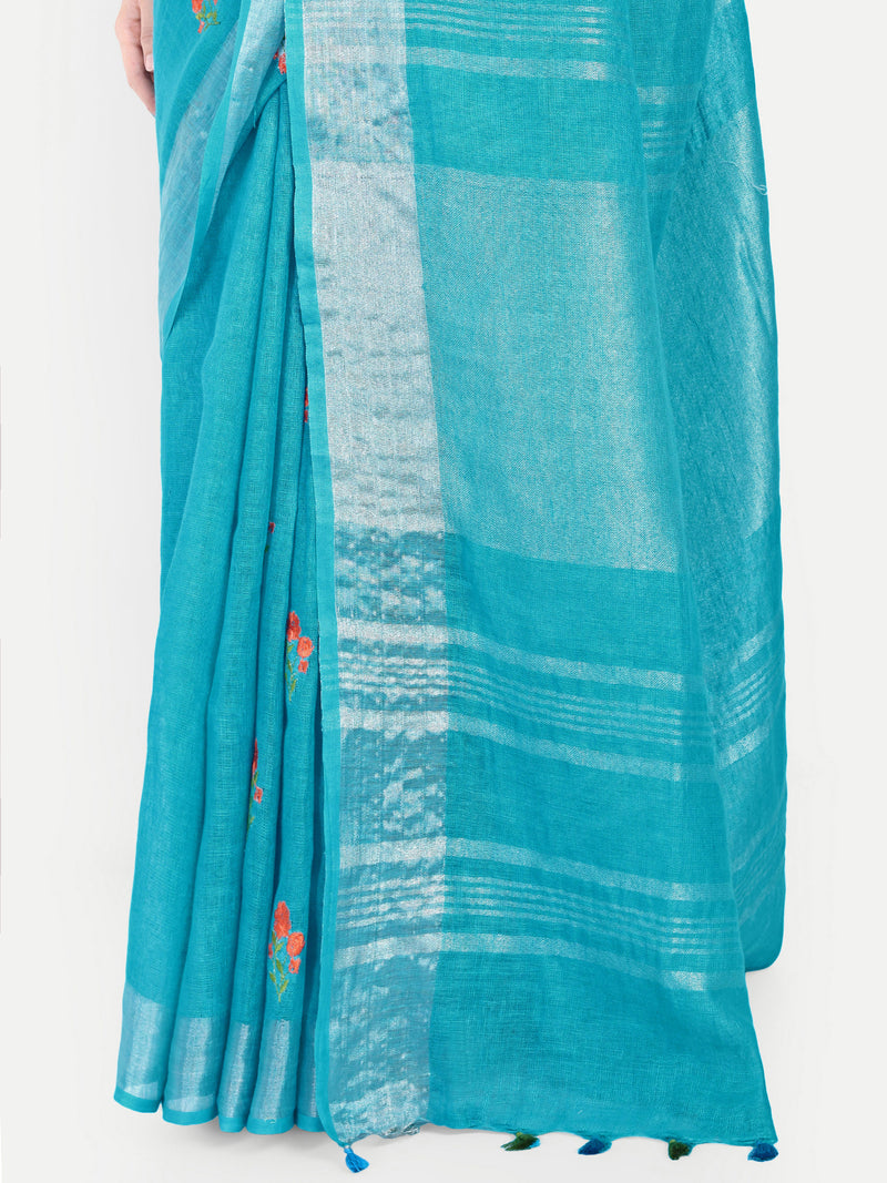 Vibrant Turquoise Blue Linen Saree with Floral Embroidery