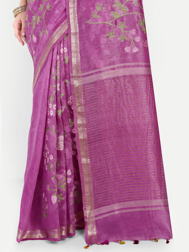 Regal Orchid Purple Linen Saree with Floral Embroidery