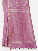 Elegant Dusty Pink Linen Saree with Floral Jaal Embroidery