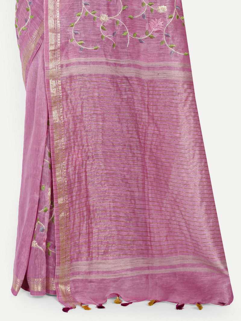 Elegant Dusty Pink Linen Saree with Floral Jaal Embroidery