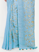 Serene Sky Blue Linen Saree with Golden Floral Embroidery