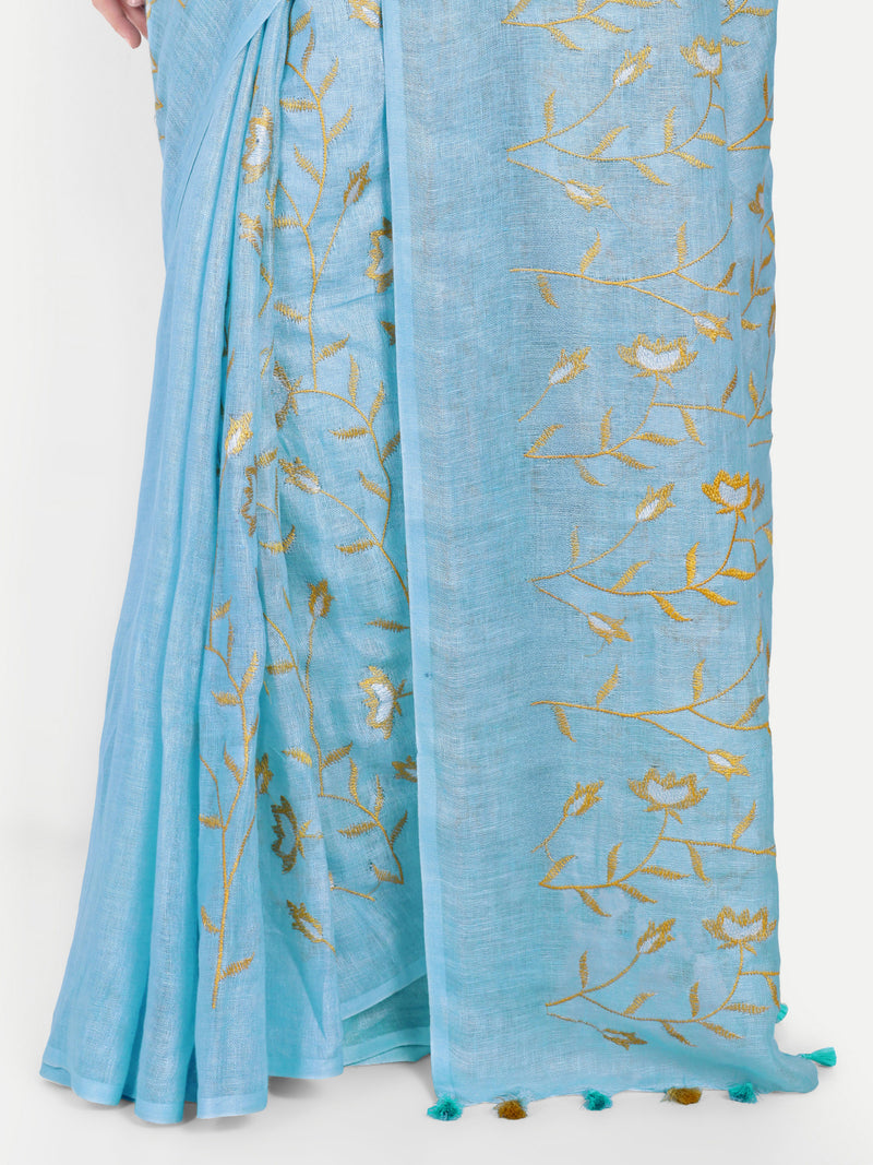 Serene Sky Blue Linen Saree with Golden Floral Embroidery