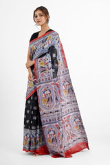 Artistic Black Ghicha Silk Saree with Madhubani Digital Print