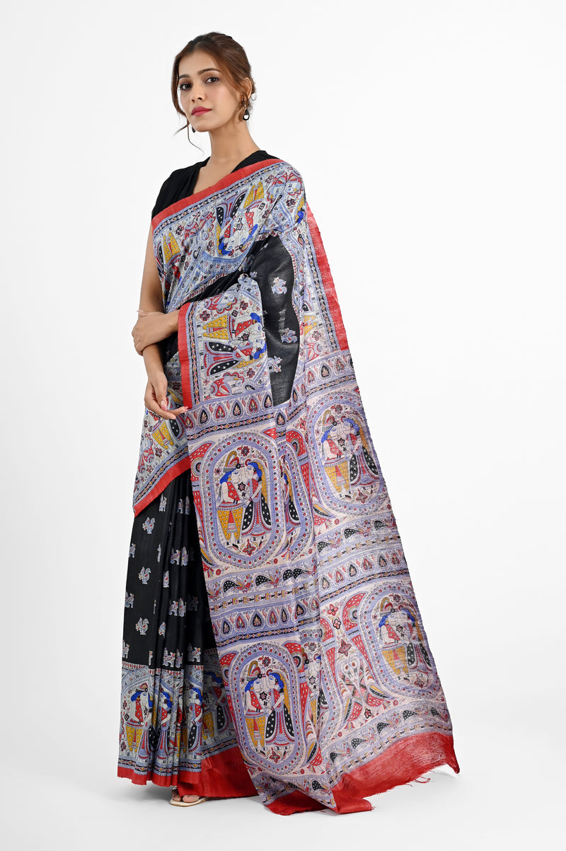 Artistic Black Ghicha Silk Saree with Madhubani Digital Print