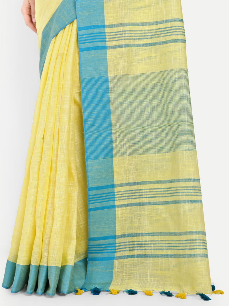 Vibrant Yellow & Blue Striped Cotton Saree