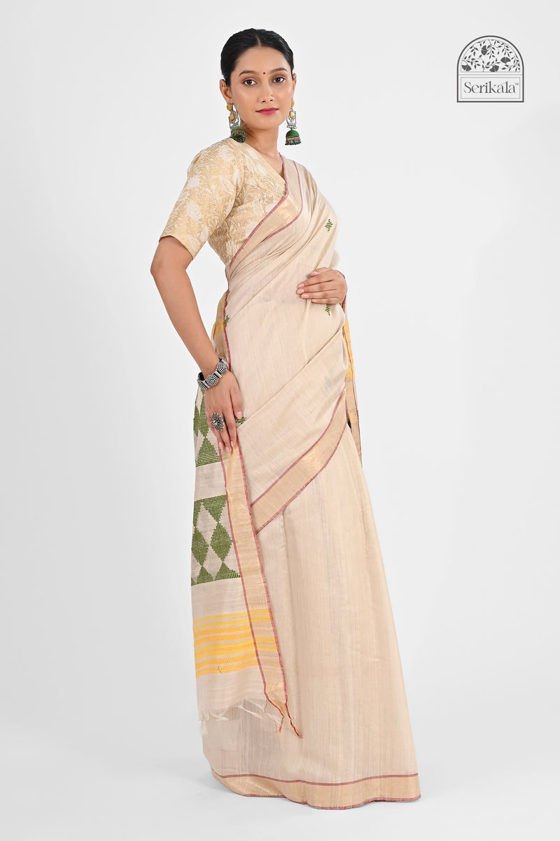 Exquisite Off-White Muga Silk Saree with Geometric Weave | Handloom Indian Saree