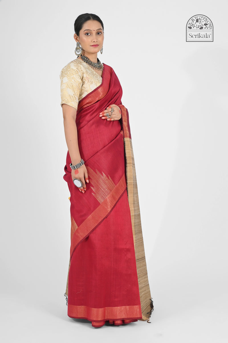 Ruby Red Dupion Silk Saree with Beige Tussar Pallu | Handloom Indian Saree