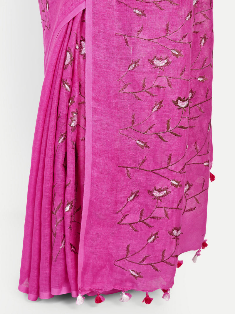 Exquisite Rani Pink Linen Saree with Floral Jaal Embroidery