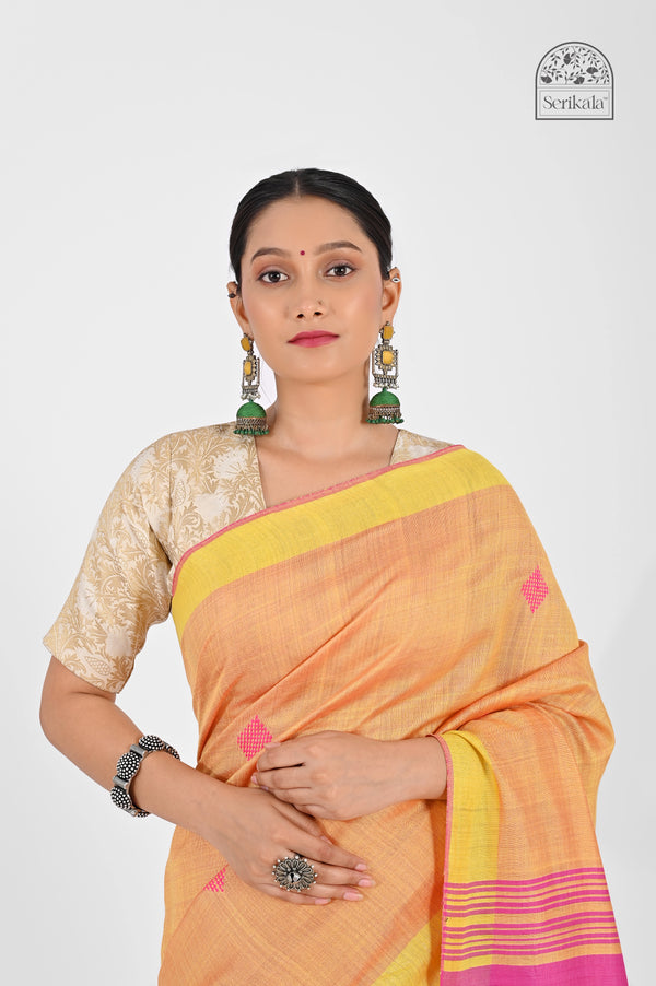 Peach Eri Silk Saree with Pink Tussar Pallu | Handloom Indian Saree - Serikala