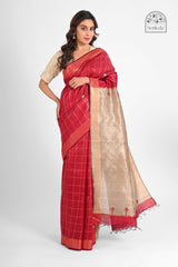 Red Dupion Silk Saree with Golden Check & Tussar Pallu