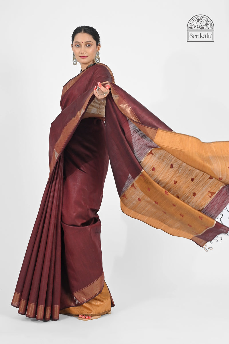 Rich Maroon Dupion Silk Saree with Golden Pallu | Handloom Indian Saree
