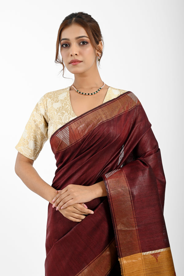 Regal Maroon Dupion Silk Saree with Golden Pallu