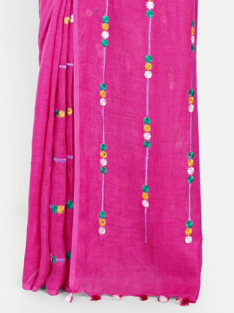 Vibrant Rani Pink Linen Saree with Colorful Embroidery