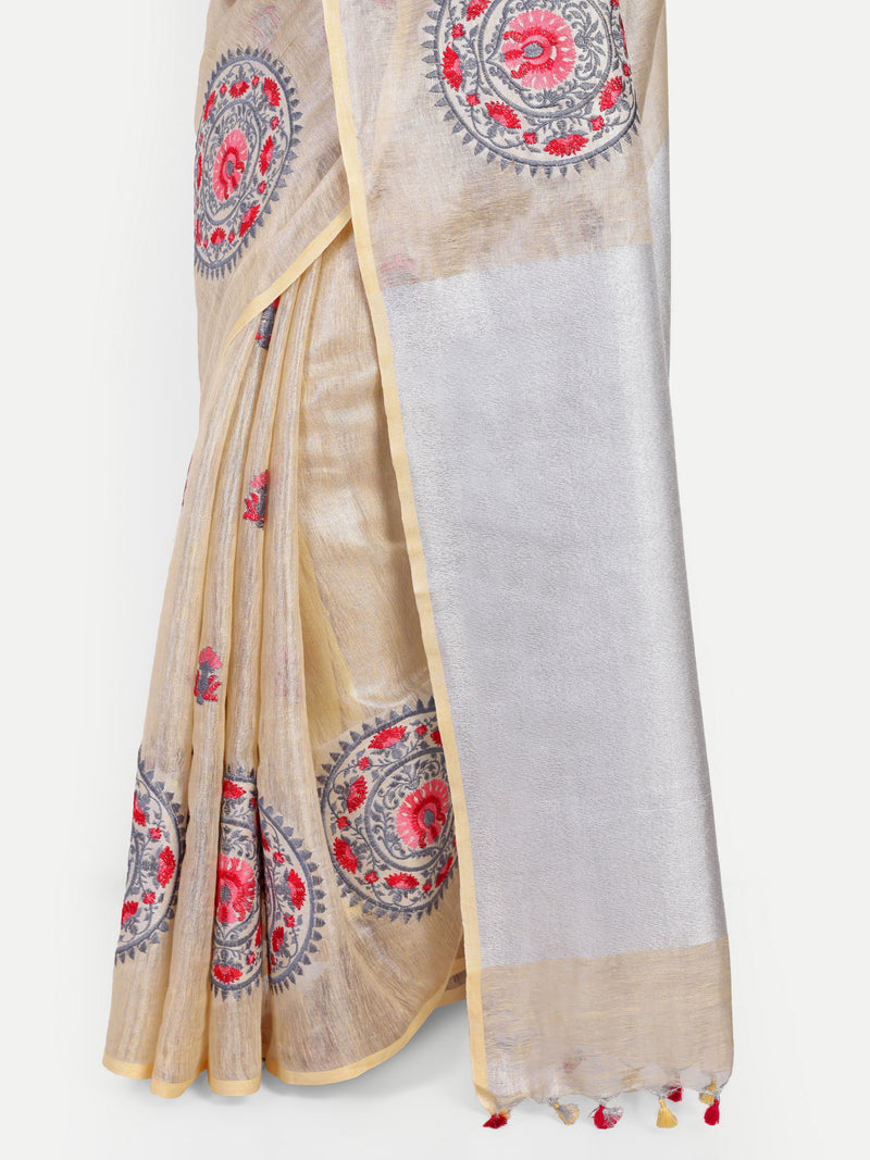 Elegant Beige & Silver Zari Linen Saree with Mandala Embroidery