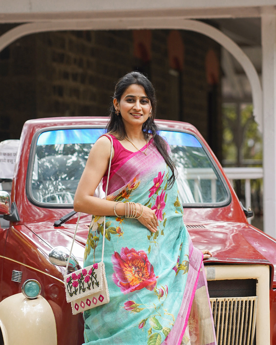 SEA GREEN RANI PINK LINEN SAREE