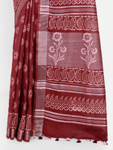Rich Maroon Block Print Cotton Saree