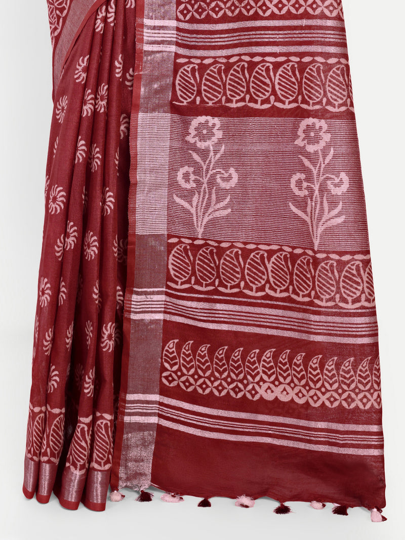 Rich Maroon Block Print Cotton Saree