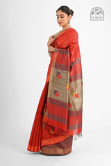 Rust Eri Silk Saree with Handwoven Tussar Pallu – Minimalist Elegance with Geometric Charm