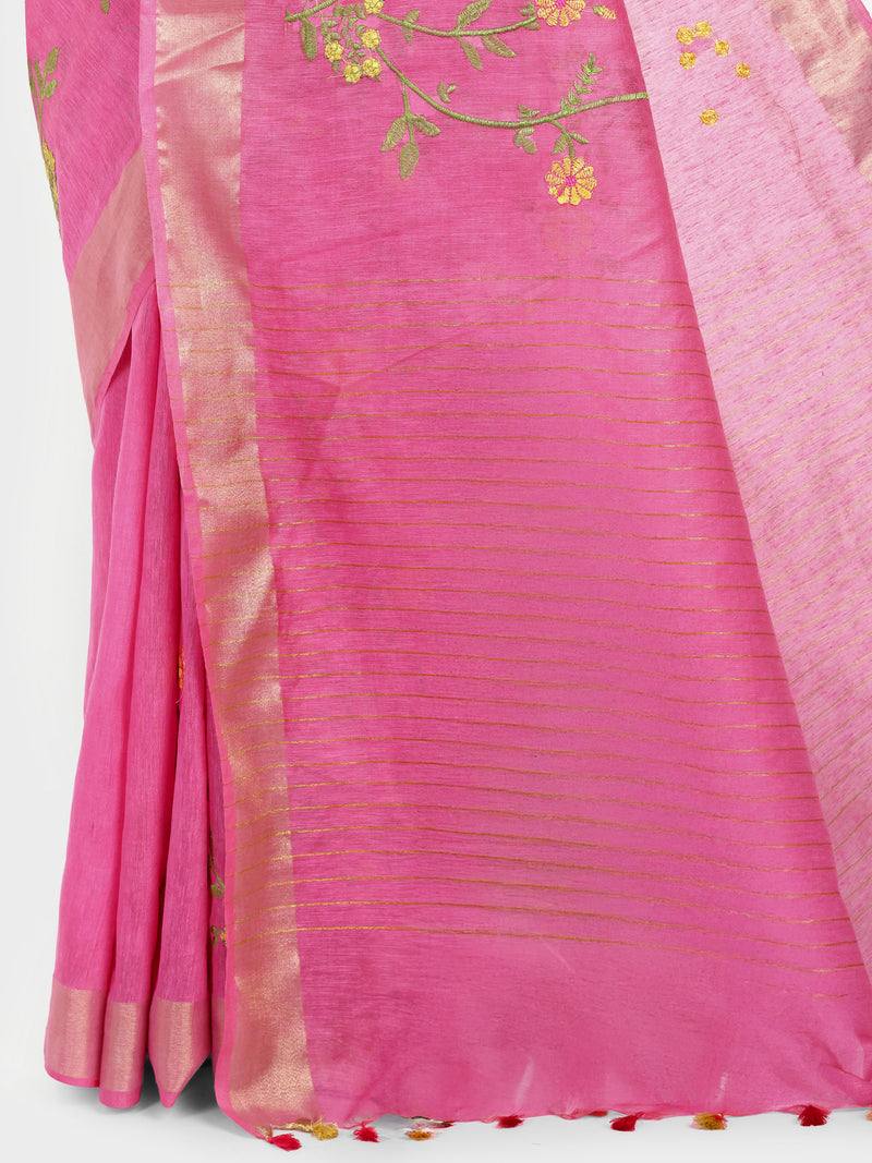 Vibrant Rani Pink Kota Linen Saree with Gold Zari & Embroidery
