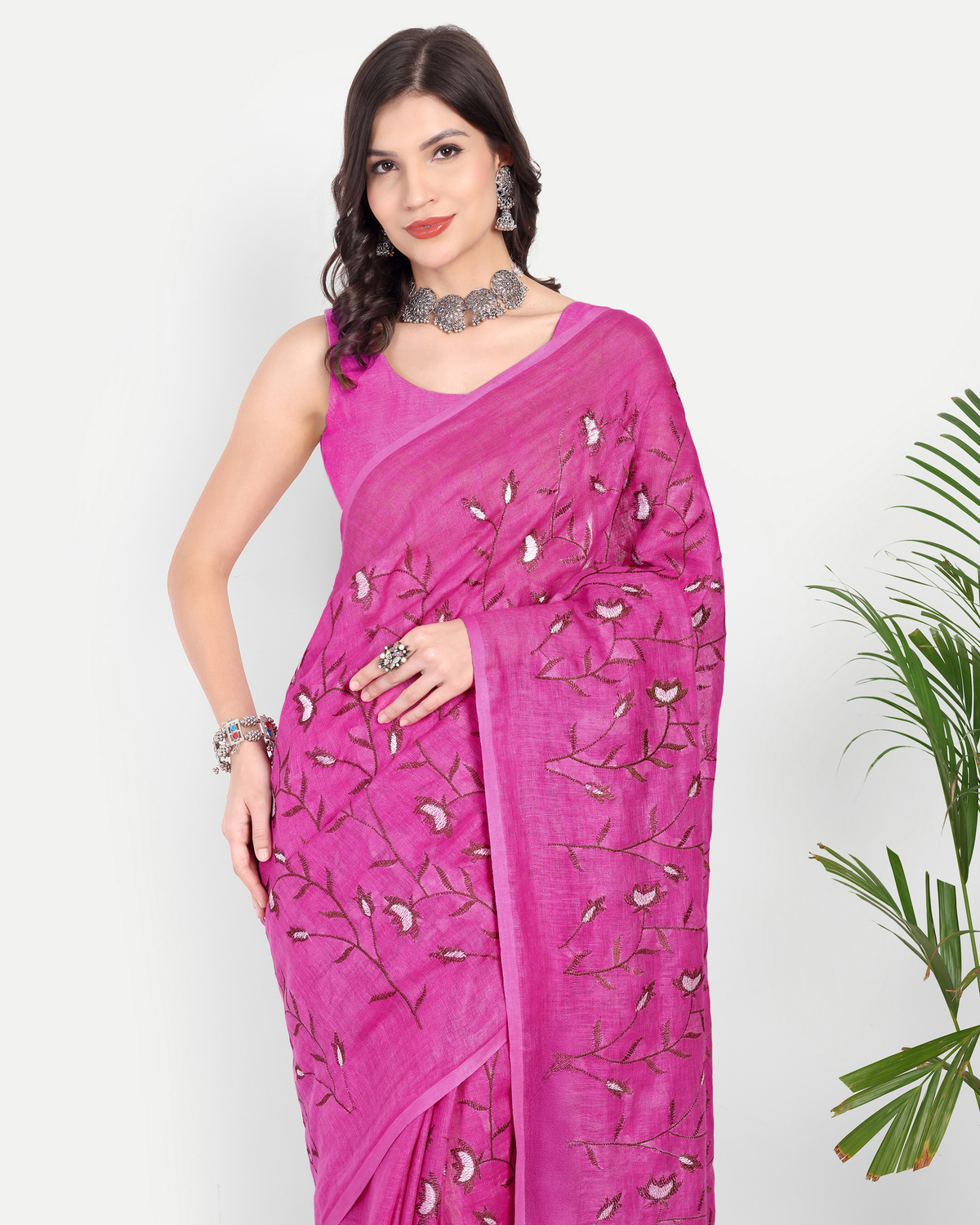 RANI PINK FLORAL LINEN SAREE