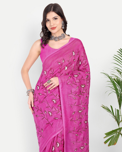RANI PINK FLORAL LINEN SAREE