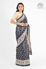 Black Ghicha Silk Saree with Madhubani Art Screen Print | Handloom Ethnic Wear
