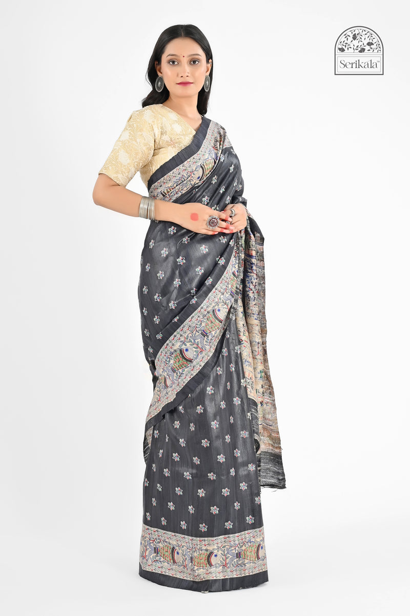 Black Ghicha Silk Saree with Madhubani Art Screen Print | Handloom Ethnic Wear