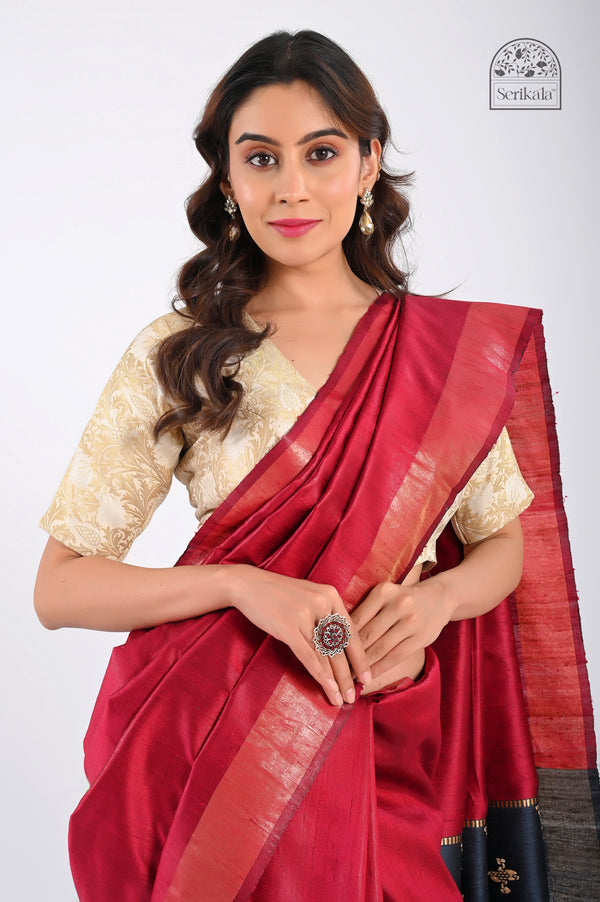 Elegant Maroon & Black Dupion Silk Saree with Zari Border & Woven Pallu