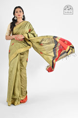 Elegant Olive Green Dupion Silk Saree with Red & Black Accents | Handloom Saree