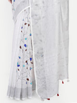 Elegant White & Grey Linen Saree with Embroidery