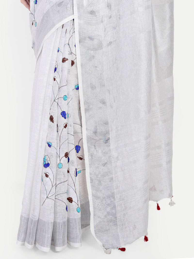 Elegant White & Grey Linen Saree with Embroidery