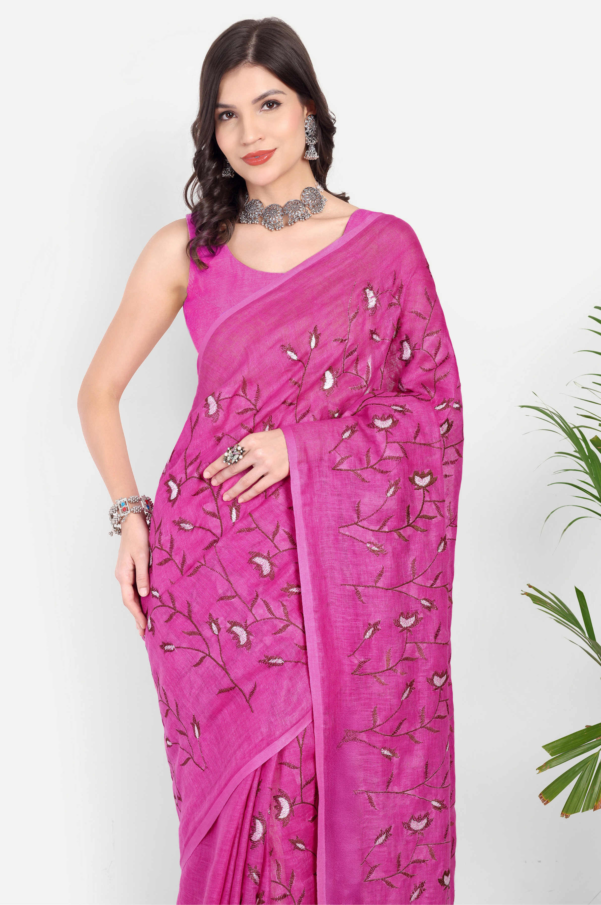 RANI PINK FLORAL LINEN SAREE