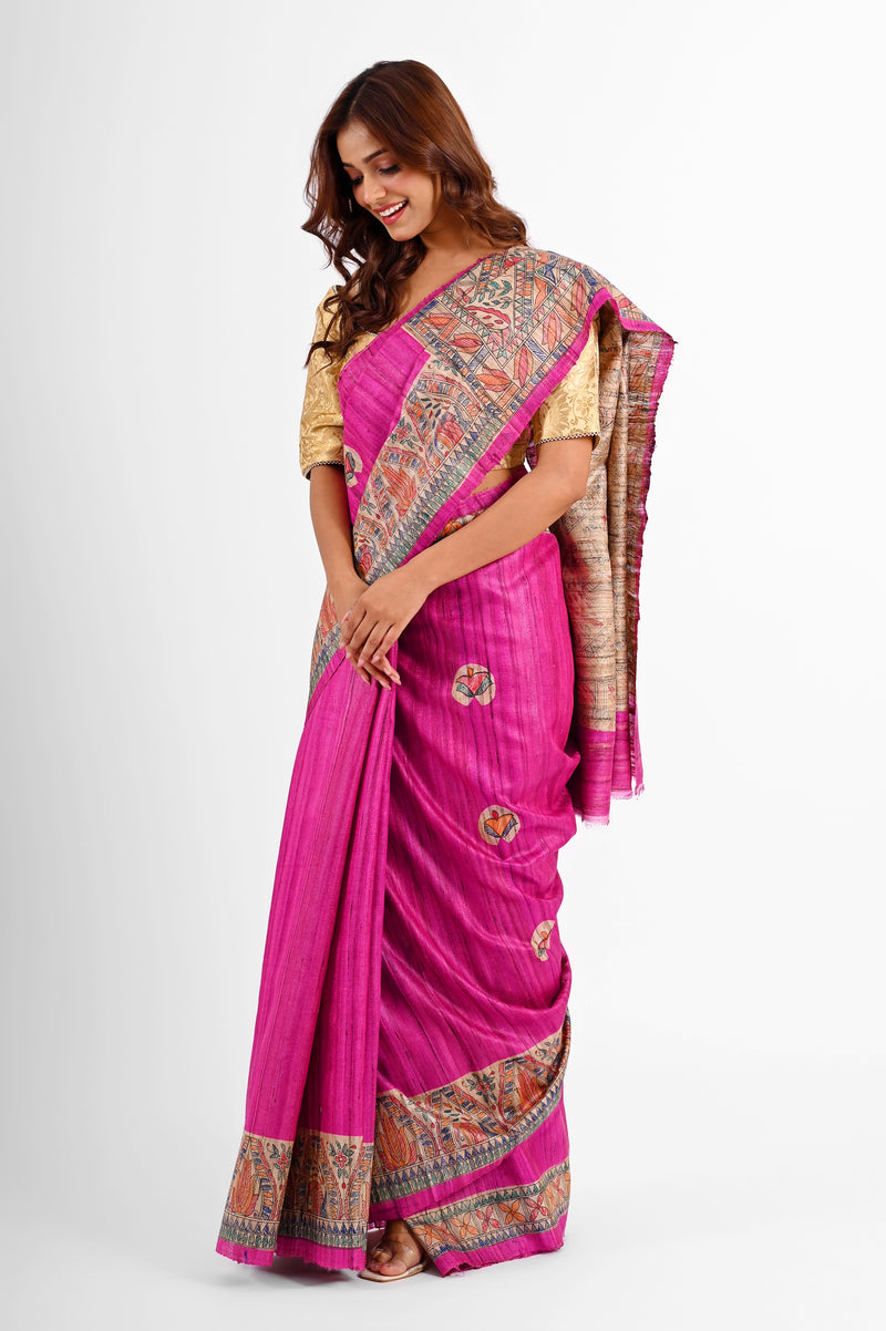 Gorgeous Pink Ghicha Silk Saree with Hand - painted Madhubani Art
