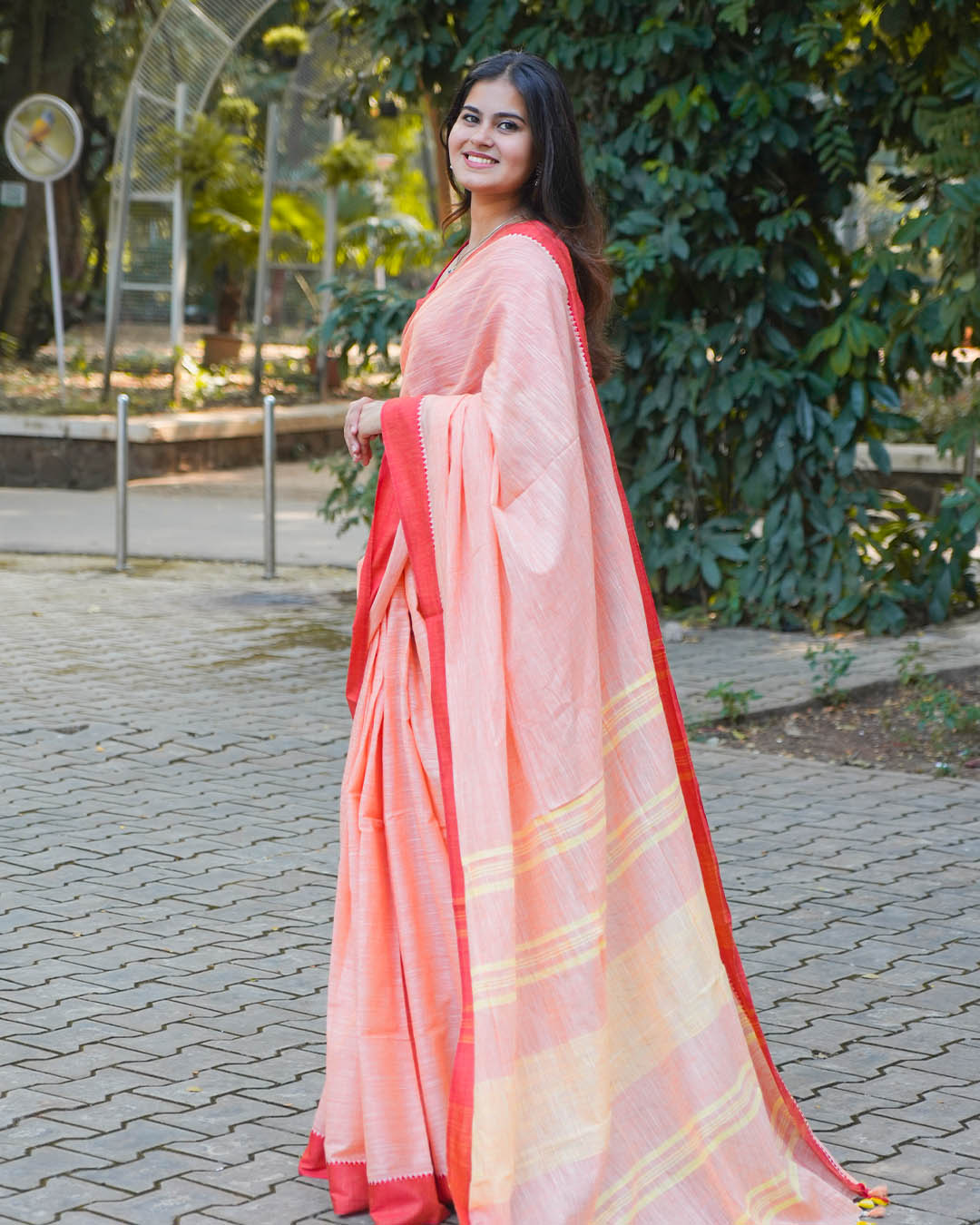 PEACH & RED COTTON SLUB SAREE