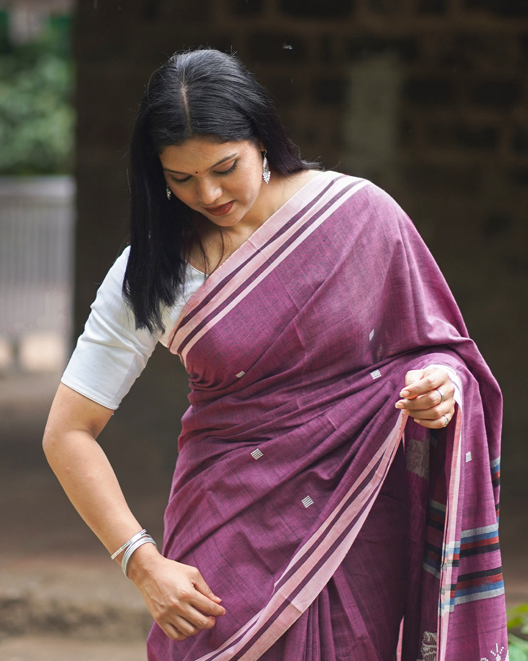 PLUM PINK COTTON SAREE WITH BAWAN BUTA WORK