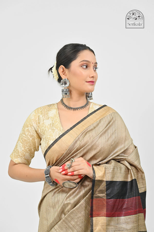 Elegant Beige Desi Tussar Silk Saree with Striped Pallu | Handloom Indian Saree