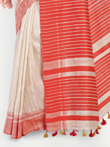 Classic Red & Off-White Striped Ghicha Silk Saree