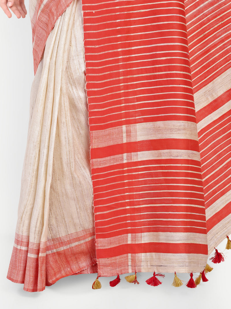 Classic Red & Off-White Striped Ghicha Silk Saree
