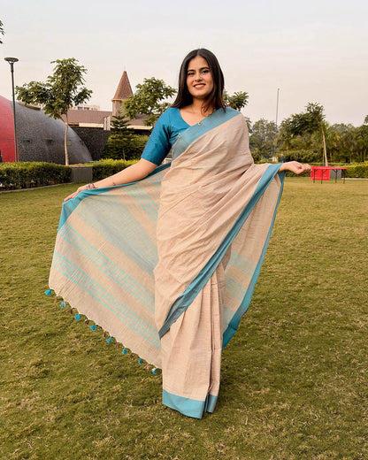 BEIGE & SKY BLUE COTTON SLUB SAREE