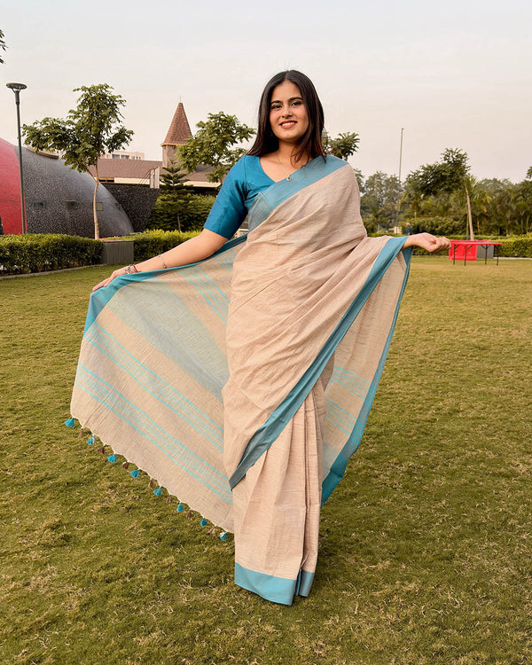 BEIGE & SKY BLUE COTTON SLUB SAREE