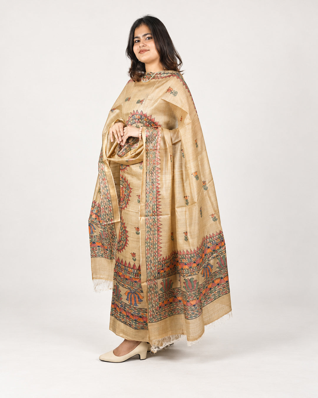 TUSSAR SILK MADHUBANI PAINTED SUIT SET (UNSTITCHED)