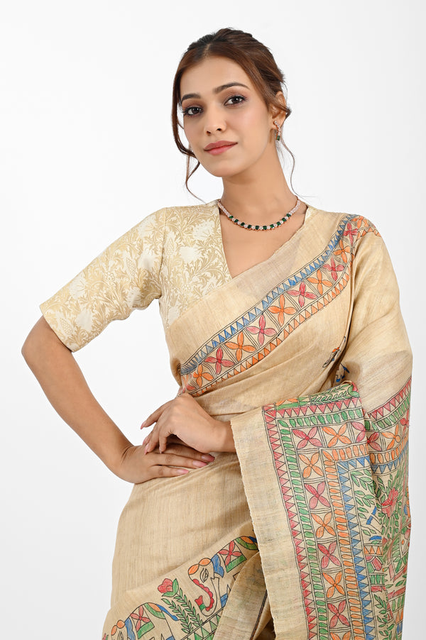 Artistic Beige Tussar Silk Saree with Hand-Painted Madhubani Art
